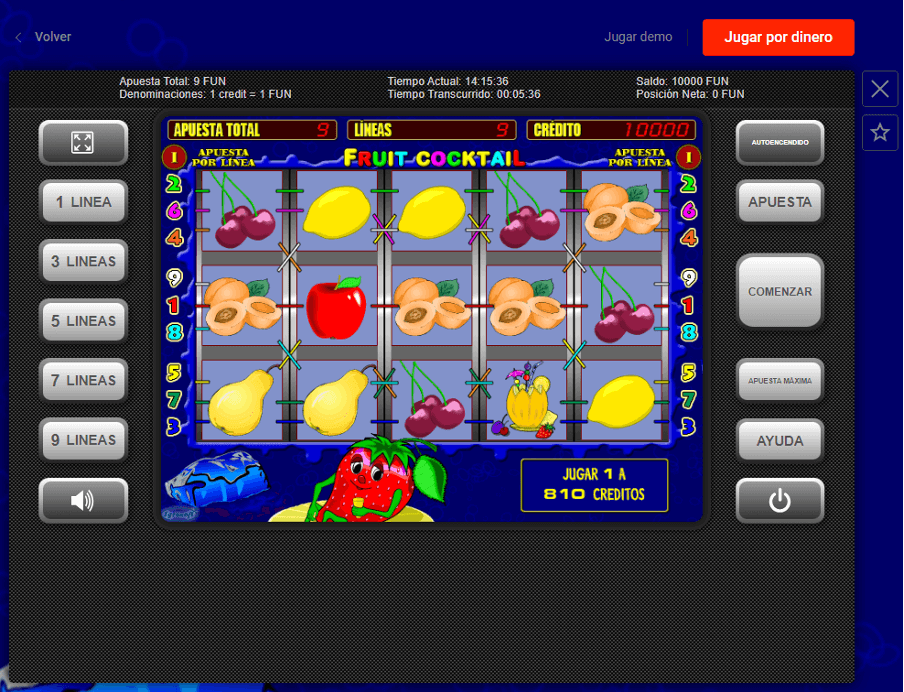 Interfaz del juego de tragaperras Fruit Cocktail con coloridos símbolos frutales como limones, cerezas y manzanas.