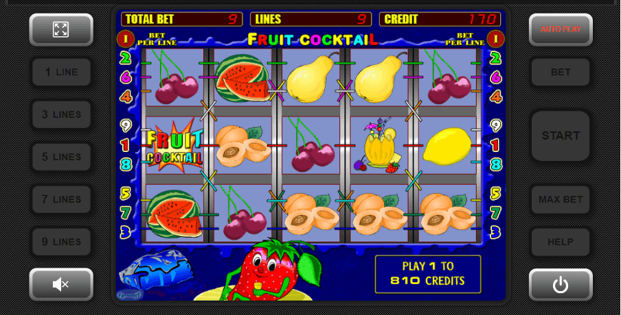 El juego de tragaperras Fruit Cocktail muestra una variedad de símbolos de fruta en líneas de pago activas.