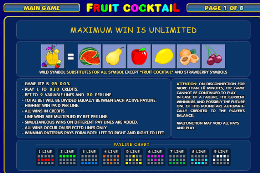 Pantalla de reglas y tabla de pagos de la tragaperras Fruit Cocktail con instrucciones detalladas e información sobre pagos.
