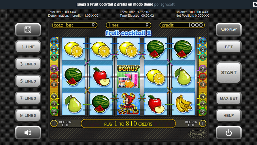 Juego de tragaperras Fruit Cocktail 2 con símbolos de fruta actualizados y un icono de juego de bonificación.